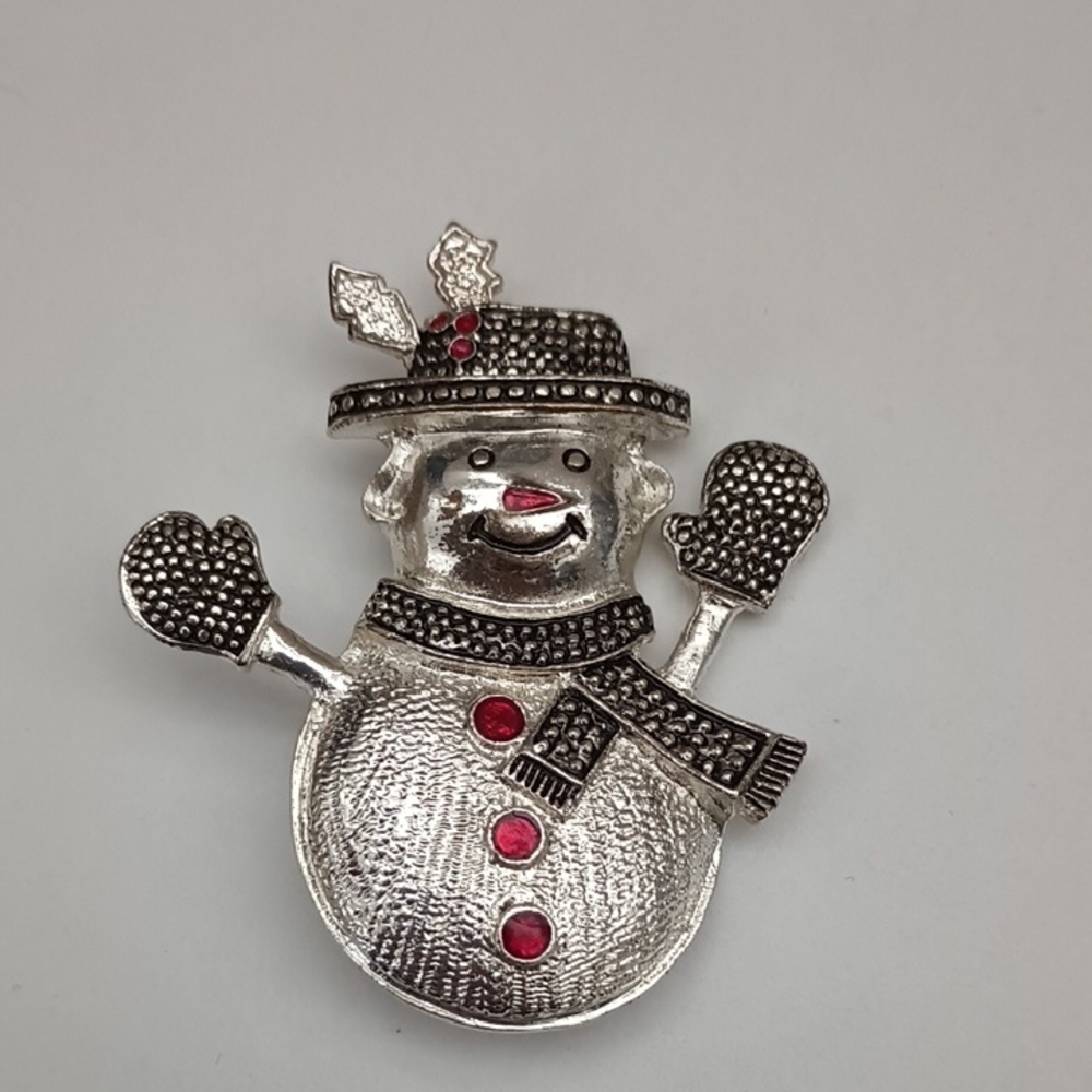 Silver Snowman Brooch with Red Accents